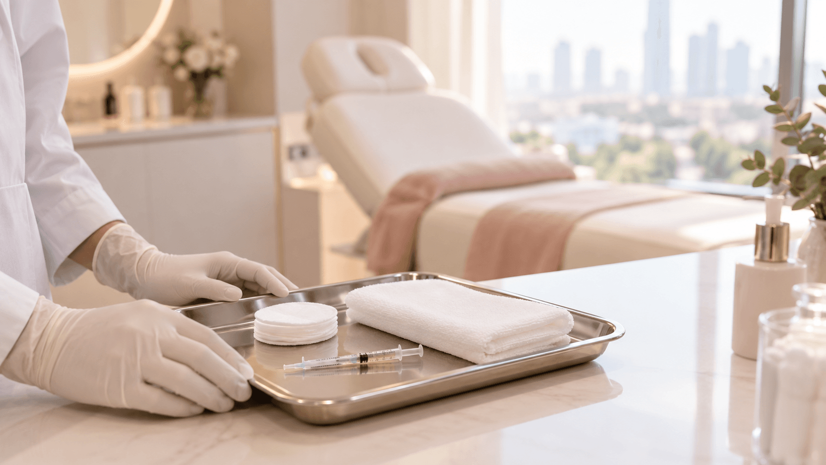 Doctor's gloved hands beside a sterile tray with a syringe in a bright aesthetic clinic treatment room.